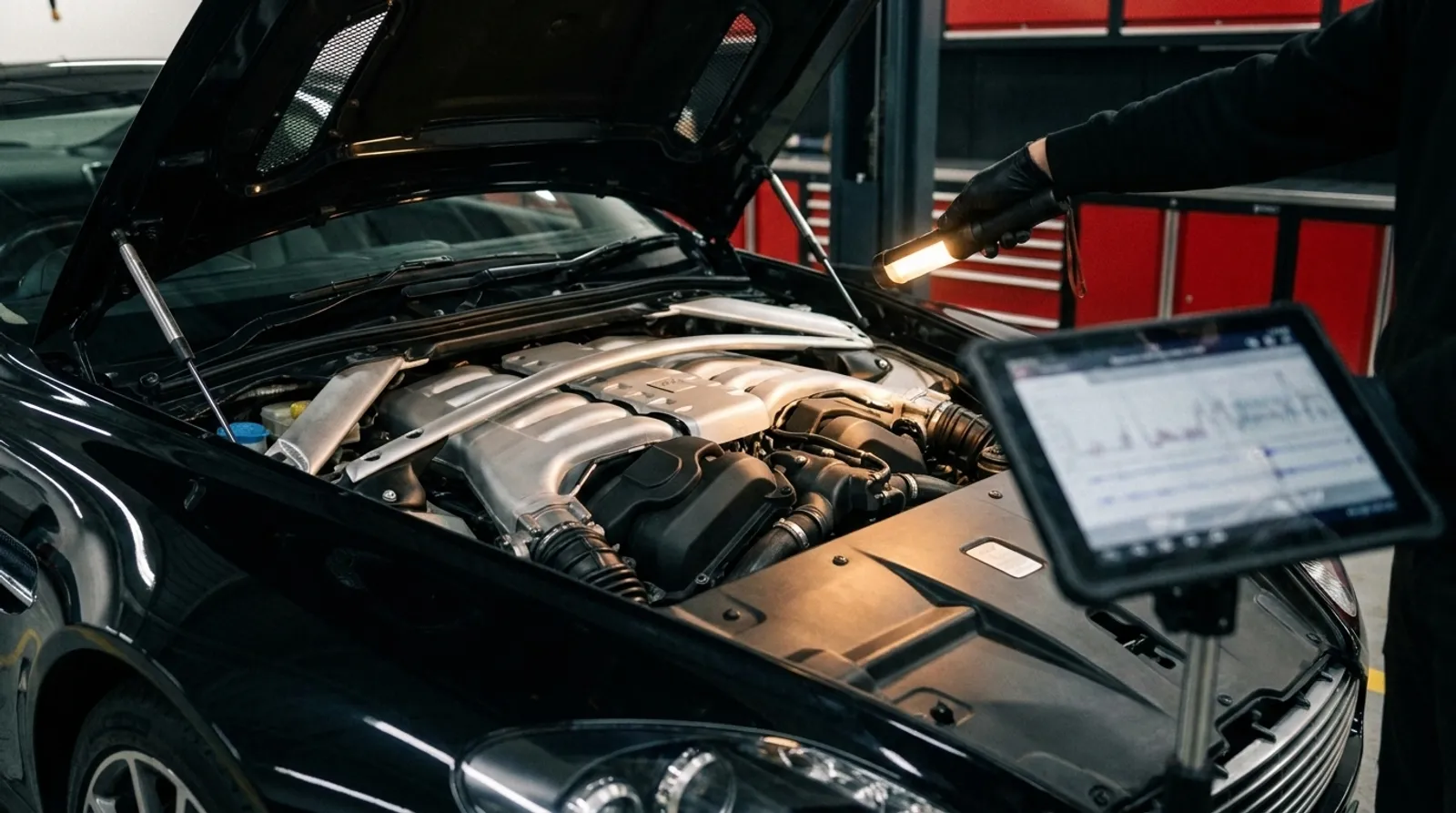 A technician inspecting a sports car engine with a diagnostic tablet